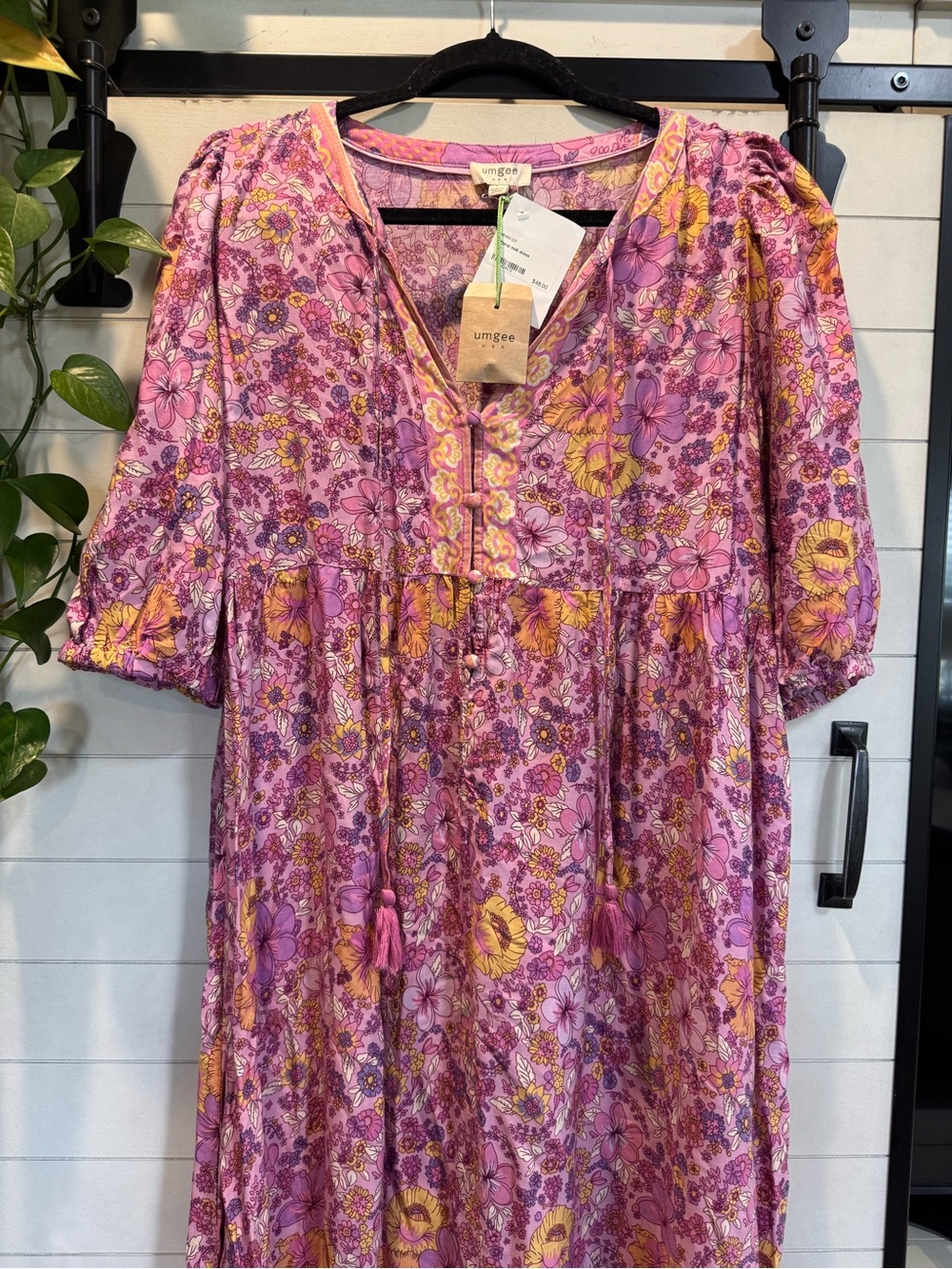 Umgee Pink & Yellow Floral Boho Midi Dress
